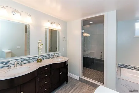 Double-sink bathroom vanity with dark wood cabinets, marble countertop, two mirrors, and a glass-walled shower.